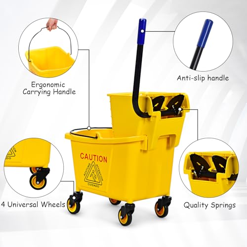 ARLIME Mop Bucket with Wringer On Wheels, 35 Quart Capacity Portable Wringer Trolley on Wheels, Side Press Floor Cleaning Wavebrake w/Handle, Mop Bucket for Home, Commercial, Restaurants - size: 35 Quart