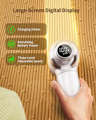 Fabric Shaver, 𝟮 𝗶𝗻 𝟭 Rechargeable Lint Remover with Brush, Large Sweater Shaver with Digital Display, 3 Speeds Lint Shaver, 6-Leaf Blades Lint Remover for Clothes, Sofa, Bedding, White - color: White