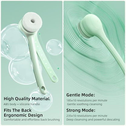 Electric Body Brush Back Scrubber for Shower, Waterproof Long Dual Handle Body Scrubber with 3 Heads, Bath Brush & 2 Speeds, for Cleansing, Exfoliating and Massaging Skin, Pale Cypress Green