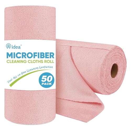 AIDEA Microfiber Cleaning Cloth Roll, 50PK, Tear Away Reusable Paper Towels Pink, Commercial Shop Rags, Microfiber Towels for Cars, Lint Free Cleaning Rags for House, Kitchen, Garage Shop, 11.5"×11.5" - color: Pink