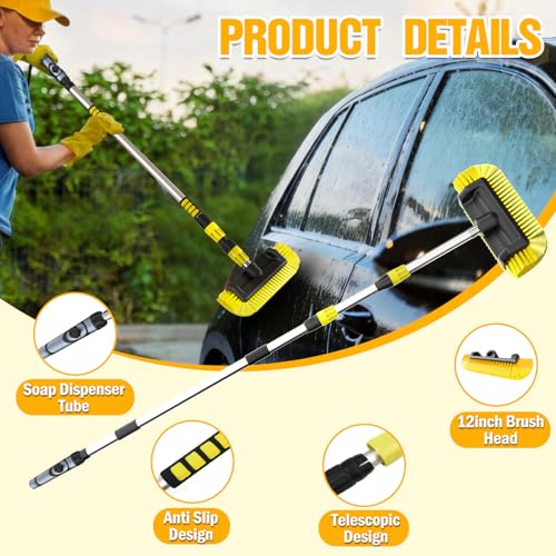 LAANPOLE 12FT Car Wash Brush with Long Handle, Car Cleaning Brush with 12 Inch Soft Bristle and Soap Dispenser, Solar Panels Cleaner with Telescoping Pole for RV, Truck, Boat, House Siding, Yellow - color: Yellow