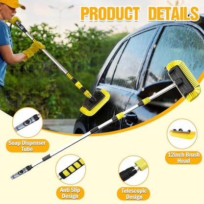 LAANPOLE 12FT Car Wash Brush with Long Handle, Car Cleaning Brush with 12 Inch Soft Bristle and Soap Dispenser, Solar Panels Cleaner with Telescoping Pole for RV, Truck, Boat, House Siding, Yellow - color: Yellow