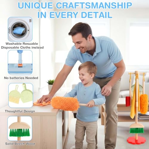 Dreamon Wooden Toddler Cleaning Set - 10Pcs Kids Cleaning Toy Set with Real Working Kids Spray Mop, Montessori Cleaning Toys with Broom and Mop Set for Toddlers Girls Boys Age 3-6 - color: Wooden