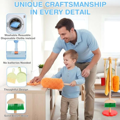 Dreamon Wooden Toddler Cleaning Set - 10Pcs Kids Cleaning Toy Set with Real Working Kids Spray Mop, Montessori Cleaning Toys with Broom and Mop Set for Toddlers Girls Boys Age 3-6 - color: Wooden