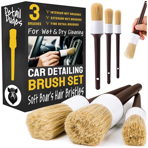 Car Detailing Brush Set 3-Pack - Soft Boar Hair Interior & Exterior Detailing Kit - Car Interior Cleaning Brushes for Leather, Piano Black Trim, Dashboards, Wheels and Engine Bay - Detail Dudes - size: 3 Pack(Starter)