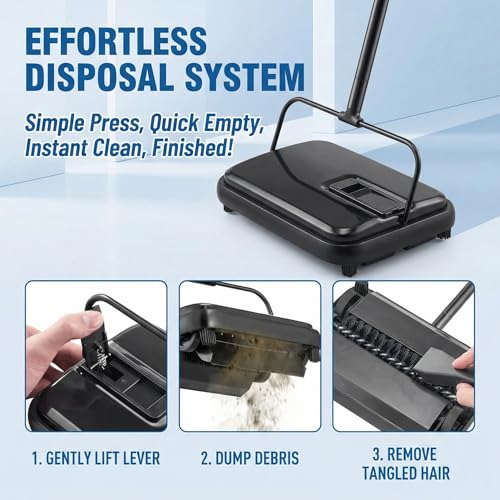 Manual Carpet Sweeper, Electric-Free Quiet Floor Sweeper with 300ml Easy-Empty Dustbin, 6.7” Cleaning Width for Pet Hair, Crumbs, Dust on Carpets, Hardwood, Tile - Home & Office Use (Black) - color: Black