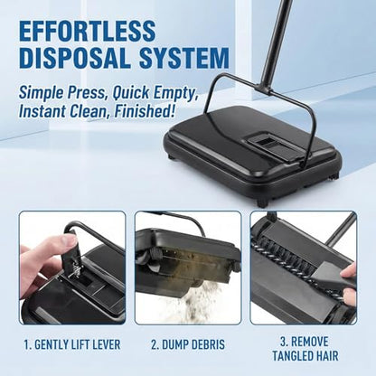 Manual Carpet Sweeper, Electric-Free Quiet Floor Sweeper with 300ml Easy-Empty Dustbin, 6.7” Cleaning Width for Pet Hair, Crumbs, Dust on Carpets, Hardwood, Tile - Home & Office Use (Black) - color: Black