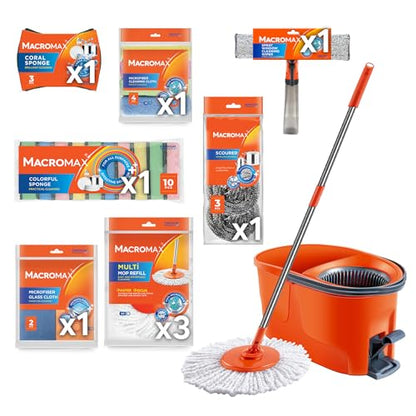 Home Cleaning Kit with Force Spin Mop Microfiber Cloths Sponges Scourers Window Cleaner Supplies Set
