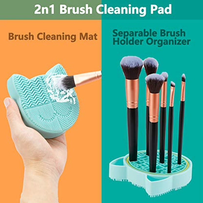TailaiMei 2 in 1 Makeup Brush Cleaning Mat With Drying Holder, Silicon Cat Shaped Cleaner Pad, Cosmetic Organizer Rack, Portable Washing Tool for Makeup (Green) - color: Green, Cleaner sponge with brush holder