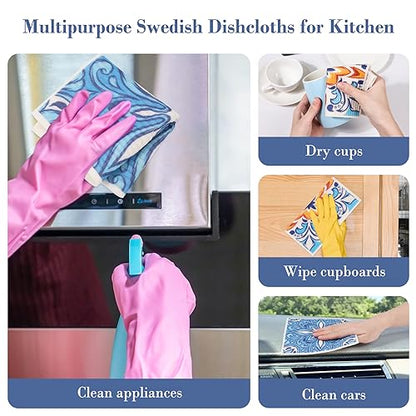 Lucomb 8 Pack Swedish Dish Cloths for Kitchen Reusable, Cellulose Sponge Cloths Swedish Dish Rags Washable Paper Towels Cloth Quick Dry Non-Scratch for Washing Dishes Home Counter Wipe - color: Geometric Pattern