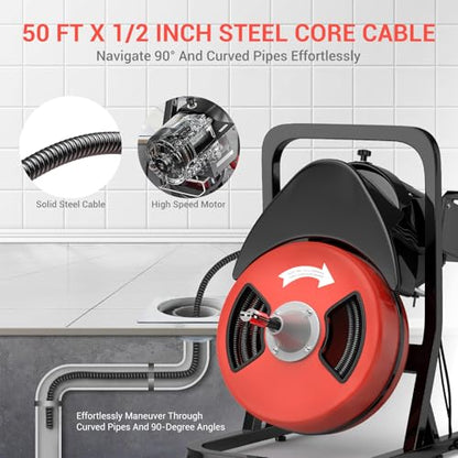 GarveeTech 50FTx1/2 Inch Drain Cleaner Machine with Wheels, Sewer Snake Electric Drain for 2" to 4" Pipes, Plumbing Snake Auger Cleaner with 6 Cutter & Foot Switch for Sewer, Sink, Toilet, Bathroom