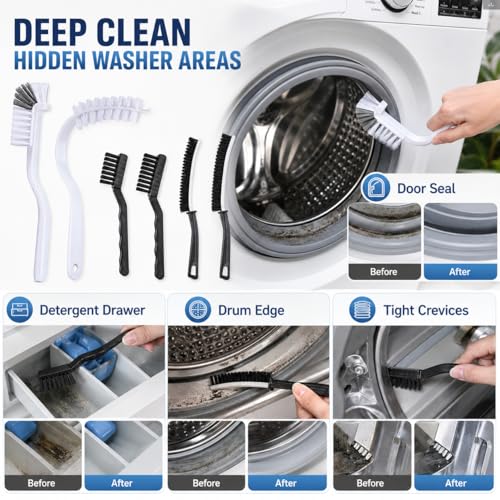 Washing Dryer Machine Rubber Seal Cleaning Brush Kits, Front Load Washer Cleaner Tools-1 PC Drum Slot Clean Brush & 5 PCS Crevice Cleaning Brushes for Bathroom, Shower & Kitchen Sink Household