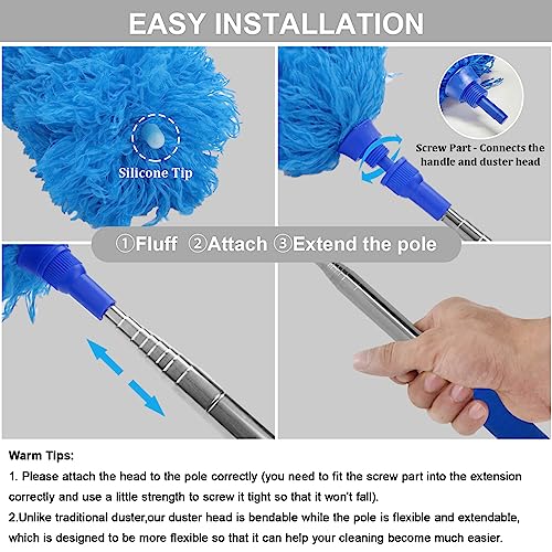 DELUX Microfiber Feather Duster Extendable Duster with 100 inches Extra Long Pole, Bendable Head & Long Handle Dusters for Cleaning Ceiling Fan, High Ceiling, Blinds, Furniture & Cars - color: Blue