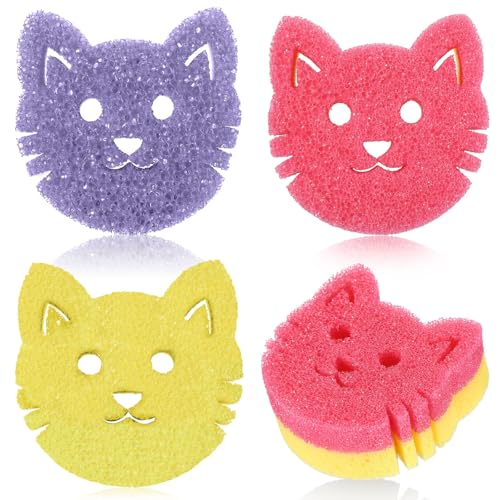 FillTouch 3 Pcs Dual Sided Scrub Sponge Multi Functional Cute Temperature Sensitive Non Scratch Dish Sponge for Washing Dishes Kitchen Bathroom(Cat,Pink, Yellow, Purple) - color: Pink, Yellow, Purple, style: Cat