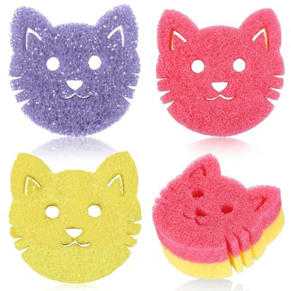 FillTouch 3 Pcs Dual Sided Scrub Sponge Multi Functional Cute Temperature Sensitive Non Scratch Dish Sponge for Washing Dishes Kitchen Bathroom(Cat,Pink, Yellow, Purple) - color: Pink, Yellow, Purple, style: Cat