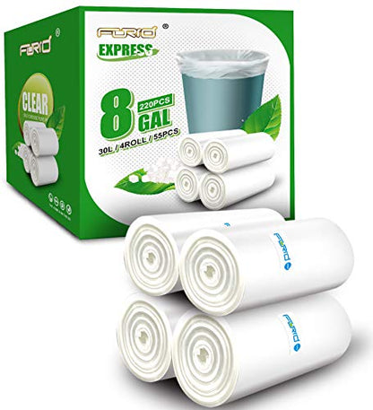 FORID Clear Trash Bags, 8 Gallon Garbage Bags, Wastebasket Bin Liners 220 Count Plastic Trash Bags for Bathroom Bedroom Office Garbage Can 30 Liters - Durable & Thick Trash Bag - Medium - size: 220 Count (Pack of 1), style: Clear 8 Gal