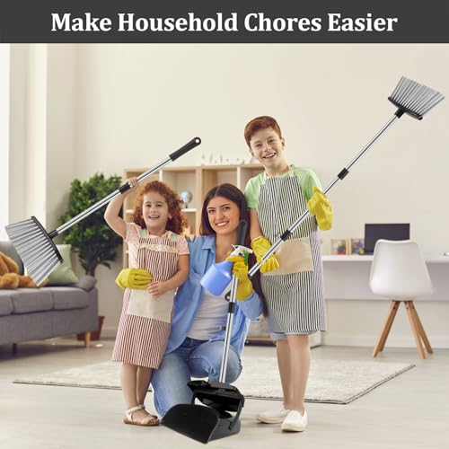 Broom and Dustpan Set, 51" Long Handle Broom with Dustpan Combo Set, Windproof Standing Dust pan with Self-Cleaning Teeth, Household Set Sweep Kitchen Office Lobby Pet Room - color: Black
