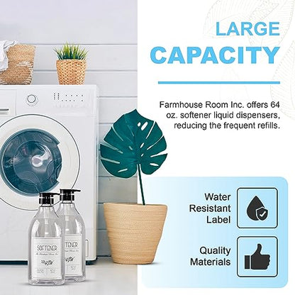 The Farmhouse Room Inc. Fabric Softener Liquid Dispenser - Softener Container for Laundry Room Organization - BPA Free & PET Plastic 1/2 Gallon Pump Bottle Dispenser - w/Waterproof Labels 64oz - style: Softener Bottle