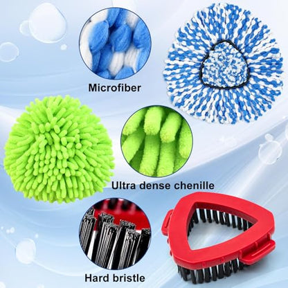 Mop Heads for O Cedar RinseClean 2 Tank Spin Mop System, 3 Microfiber Mop Head Refills and 3 Chenille Mop Pads,1 Scrub Brush, and 1 Mop Base with Mop Handle Set Combo - color: 3blue+3green