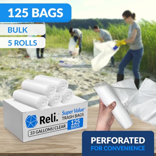 Reli. 33 Gallon Trash Bags Heavy Duty | 125 Trash Bags with Ties | Super Sizeable, Clear, Serious Garbage Cleanup