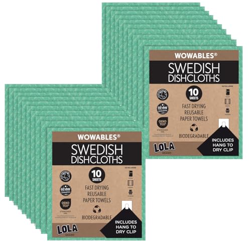 LOLA Swedish Dishcloths for Kitchen 10 Sheets, Biodegradable & Compostable Reusable Paper Towel Cleaning Cloths No Odor Washing Dishes Ultra Absorbent Cellulose Sponge Towel Made in Germany - color: Mint Green, size: 20 Sheets