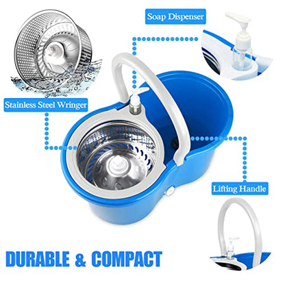 Spin Mop and Bucket System | 360 Spin Mop and Bucket with Wringer Set | Mops for Floor Cleaning | 3 Microfiber Mop Replacement Head Refills | 61" Extended Handle | Wet and Dry Use Floor Mop - color: Blue-1