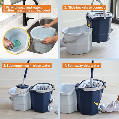 Casabella Spin Mop System with Extra Mop Head Refill - Two-Bucket Design with Splash Guard Built-in Measuring Cup and Scraper Tool with Easy Wring Pedal Spinner, 1.25-Gallon, Blue