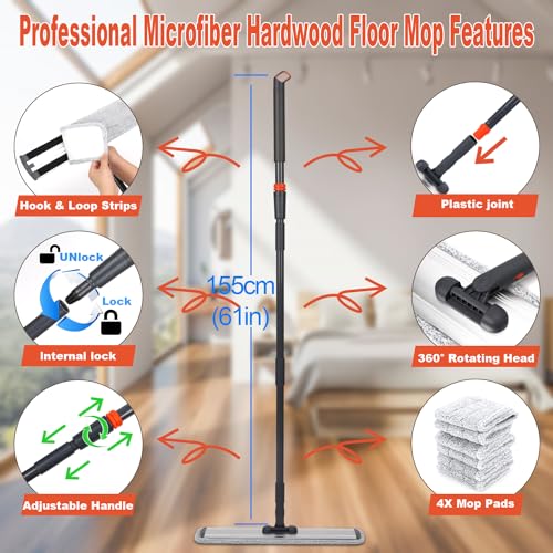24 Inch Flat Floor Mop Heavy Duty Microfiber Wet Mop with 4 Cloths & Long Handle - size: 24 IN MOP
