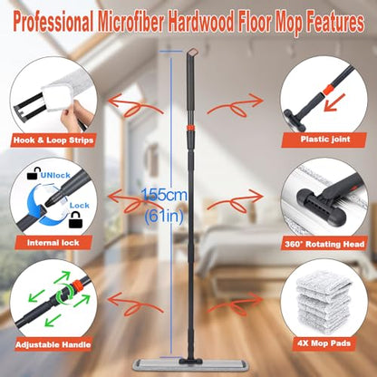 24 Inch Flat Floor Mop Heavy Duty Microfiber Wet Mop with 4 Cloths & Long Handle - size: 24 IN MOP