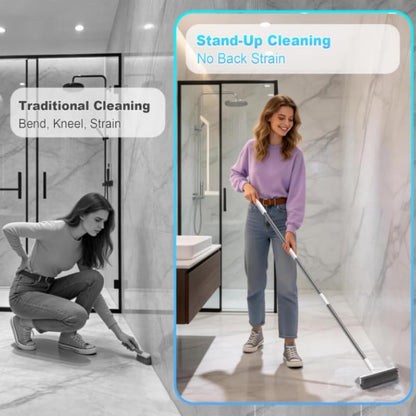 Floor Scrub Brush with Long Handle, Dual-Sided Stiff Bristle Grout Brush with 180° Rotatable V-Shape Head, Heavy Duty Shower Cleaning for Bathroom Tile, Patio, Deck, Garage, Pool & Corner