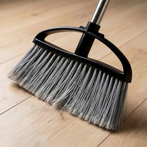 Long Handle Heavy Duty Broom and Dustpan Set, Outdoor and Commercial Upright Dustpan and Brush for Restaurant Garage Garden Yard Office,Black - color: Black