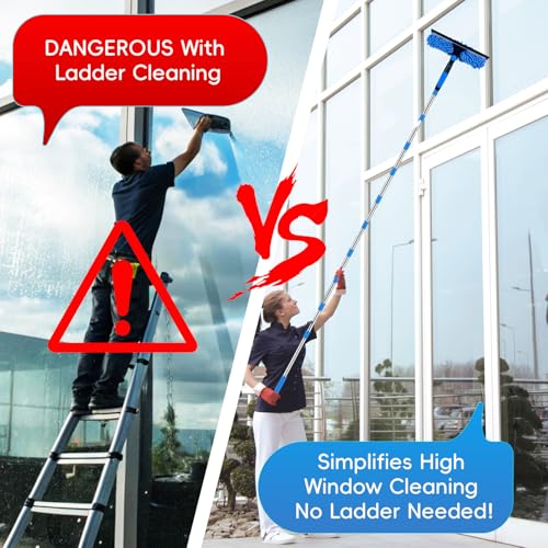 14FT Window Washing Squeegee & Duster with 1-14 ft Spliceable Extension Pole, 2 in 1 Telescopic Window Cleaner Rotatable Window Washing Equipment for High Window, Interior Roof, Car Glass