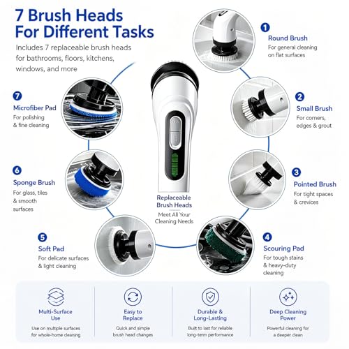Highyes Electric Spin Scrubber for Bathroom | IPX7 Waterproof Shower Scrubber with Extendable Long Handle，Bathroom Cleaning Scrubber with 7 Reusable Brush Heads