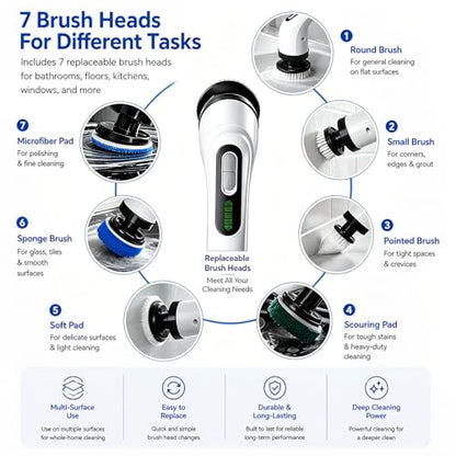 Highyes Electric Spin Scrubber for Bathroom | IPX7 Waterproof Shower Scrubber with Extendable Long Handle，Bathroom Cleaning Scrubber with 7 Reusable Brush Heads