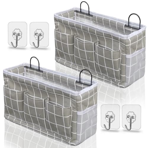Kanrichu 2pcs 3-pockets Large Wall Hanging Organizer Bag, Linen Fabric Door Hanging Storage Baskets with Pockets, Waterproof Bin for Kitchen, Bedroom, Office, RV Camper (GreyGrid-2pcs) - color: GreyGrid-2pcs