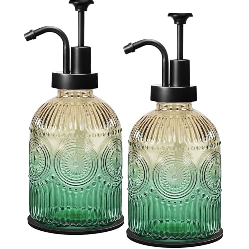 Amolliar 12 Oz Vintage Glass Bathroom Soap Dispensers with Pump, 2 Pack Refillable Kitchen Dish Soap Dispenser with Stripe, Antique Rustic Hand Soap Liquid Bottle (Green Gradient-Black Pump) - color: Green Gradient-black Pump 2p