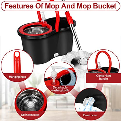 Spin Mop and Bucket with Wringer Set, 360° Spinning Mop Bucket System with 3 Microfiber Mop Replacement Heads and 61" Stainless Steel Adjustable Handle for Floor Cleaning (20QT) - color: Black-1