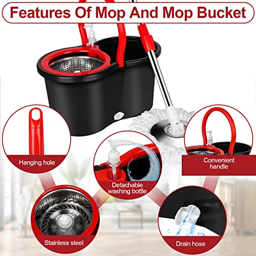 Spin Mop and Bucket with Wringer Set, 360° Spinning Mop Bucket System with 3 Microfiber Mop Replacement Heads and 61" Stainless Steel Adjustable Handle for Floor Cleaning (20QT) - color: Black-1