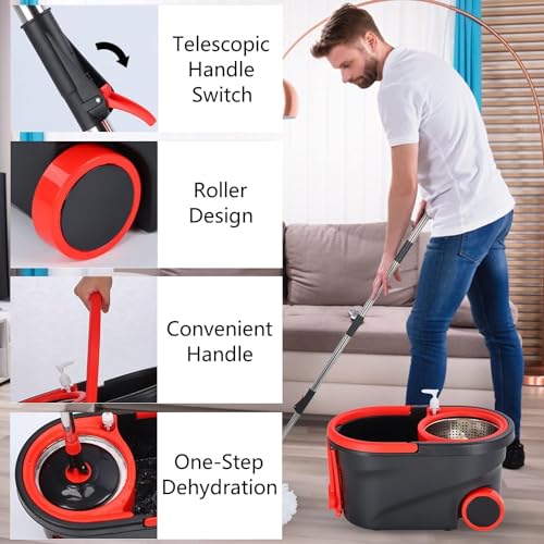 Mop and Bucket with Wringer Set, 360° Mop Bucket Floor Cleaning System with 3 Microfiber Replacement Mop Head Refills, 61" Adjustable Stainless Steel Handle, 2X Wheel for Home Cleaning