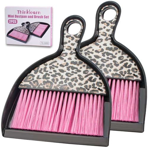THINKLEARN 2PCS Small Dust Pan and Brush Set, Mini Broom Dustpan Kit | Portable Brush Dustpan Combo Set, Pink Leopard Print Design, Compact Cleaning Supplies - color: Pink