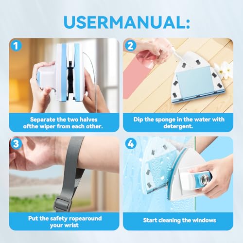 Double-Sided Magnetic Window Cleaner, Blue | Adjustable Magnetic Equipment, Fits 3-30mm Glass Thickness, 2.5m Safety Rope, High-Rise & Auto Glass, Safe Anti-Pinch Wiper - color: Blue