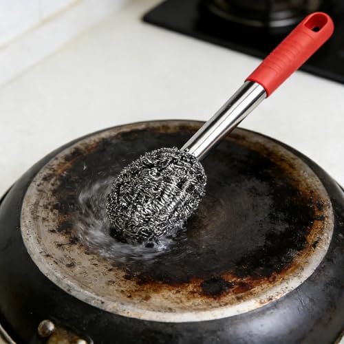 2PCS Steel Wool Scrubber with Handle Rustproof, Cast Iron Scrubber, Stubborn Messes Pot Brush, Remove Dirt for Cleaning Stoves,Sinks Dishes Grills Bowls & Metal Wire Sponge for Kitchens - color: Red