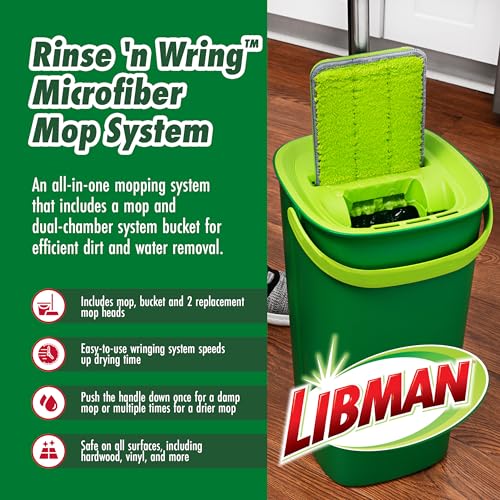 Libman Rinse 'n Wring Mop and Bucket System, Microfiber Dry Wet Mop for Floor Cleaning, Hardwood, Laminate, Tile Cleaner, Dual Chamber Bucket Design, 2 Total Refill Replacement Head Pads - style: 2 Pads