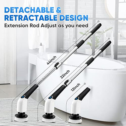 Electric Spin Scrubber, 2024 New Cordless Cleaning Brush with 8 Replaceable Brush Heads, Power Shower Scrubber Long Handle, Extendable Handheld Electric Scrubber for Bathroom Floor Tub Tile