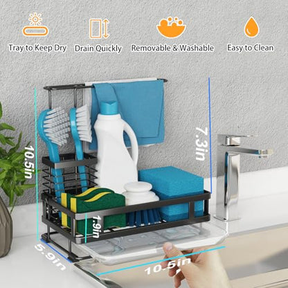 Godboat Kitchen Sink Organizer with Brush Rack - Sink Caddy with Drain-Pan | Stainless Steel Sponge Holder for Kitchen Sink with Towel Rack, Organizer for Dish Soap Dispenser, 10.5"L × 5.9"W × 10.5"H