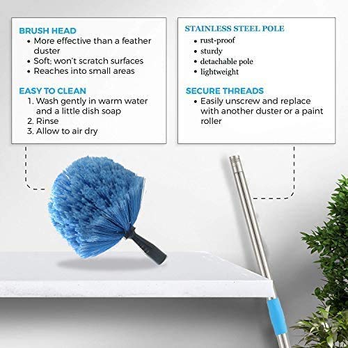 Cobweb Duster with Pole, 6ft Stainless Steel Pole Cobweb Brush with Medium-Stiff Bristles for Walls Beams Shelves Iight Fixtures and Window Screens - size: 6FT