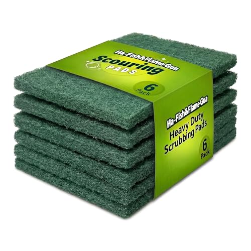 Scrubbing Pads, 6-Pack Green Kitchen Cleaning Scourer – Heavy Duty Scrubber for Pots, Stovetops, Range Hoods, Easy Rinse, Degreasing & Descaling by Ha-Fish&Flame-Gua