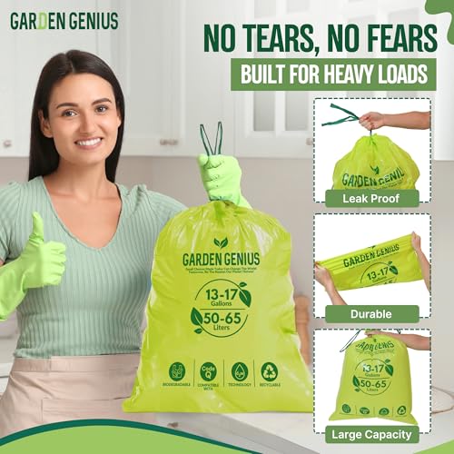 Biodegradable 13-17 Gallon Code-Q Trash Bags (50 Pack) | Strong Heavy-Duty Tall Green Kitchen Bags w/ Drawstring | Fits Simplehuman & Standard Cans | Eco-Friendly D2W, 30 Micron Thick | 25.6" x 33.5" - style: Code-Q