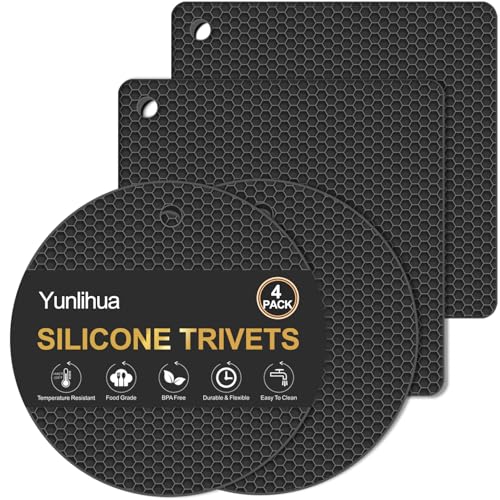 Silicone Trivet Mats, 4 PCS Heat Resistant Pot Holders Trivets for Hot Dishes, Hot Pots and Pans, Multipurpose Non-Slip Hot Pads for Kitchen Countertop Table, Food Grade & BPA Free, Black - color: 7.29+6.91in, 4 Black Square + Round
