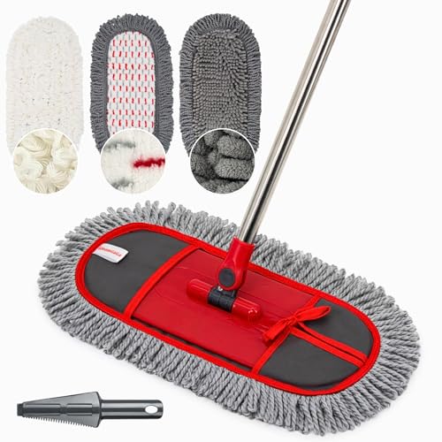 Dust Mop for Floor Cleaning with 3 Washable Pads, 14.4” × 5.1” Flat Mop Head, 62” Stainless Steel Handle, Lightweight Multi-Surface Mop for Hardwood, Marble & Tile